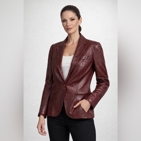 Jackets & Blazers - Burgundy Genuine Leather Blazer Jacket Women’s Fitted Single Button Vintage